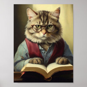Affiche chat anthropomorphe lecture d'un livre