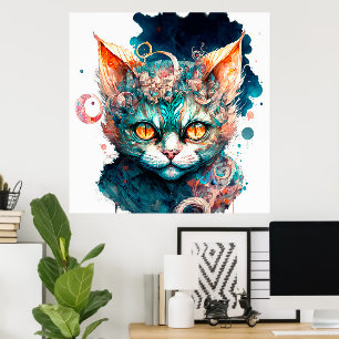 Affiche Chat aquarelle en style steampunk