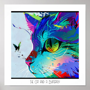 Affiche Chat artistique abstrait coloré et papillon