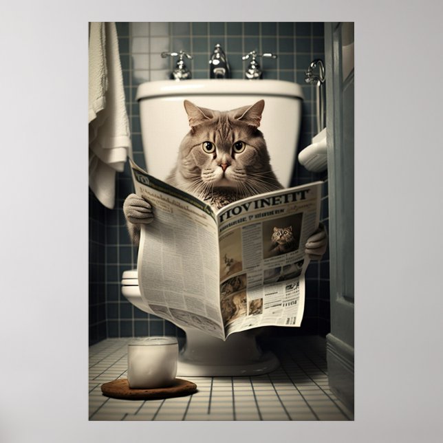 Affiche Chat assis sur les toilettes Lire un journal (Devant)