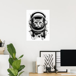 Affiche Chat astronaute noir et blanc