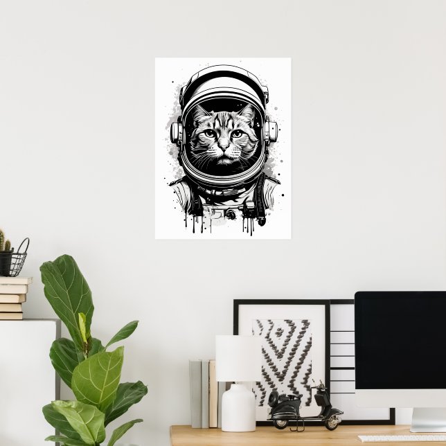 Affiche Chat astronaute noir et blanc (Bureau à domicile)
