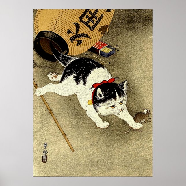 Affiche Chat Attrapant Souris Shoson Ohara 1930 (Devant)