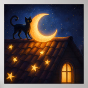 Affiche Chat au Clair de Lune sur un Toit Étoilé