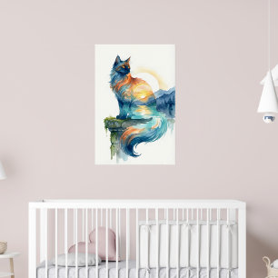 Affiche Chat au coucher de soleil mystique en double expos