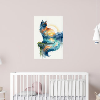 Affiche Chat au coucher de soleil mystique en double expos