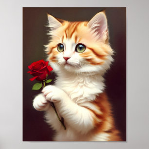Affiche Chat au gingembre mignon tenant une Rose rouge. Pe