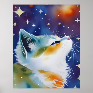 Affiche Chat au style Nuit Étoilée Aquarelle