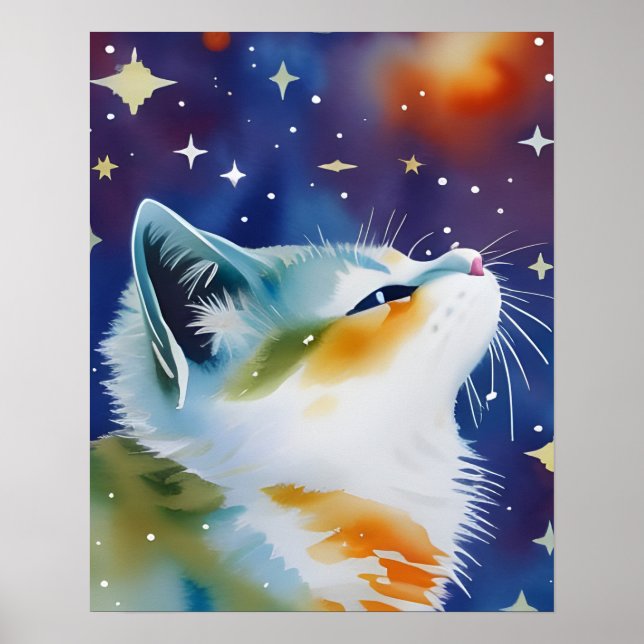 Affiche Chat au style Nuit Étoilée Aquarelle  (Devant)
