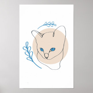 Affiche Chat aux yeux bleus minimaliste en dessin au trait
