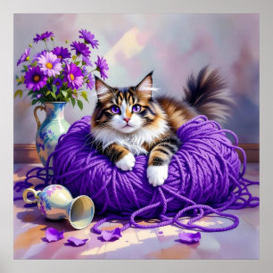 Affiche Chat aux Yeux Violets dans du Fil Violet et Fleurs