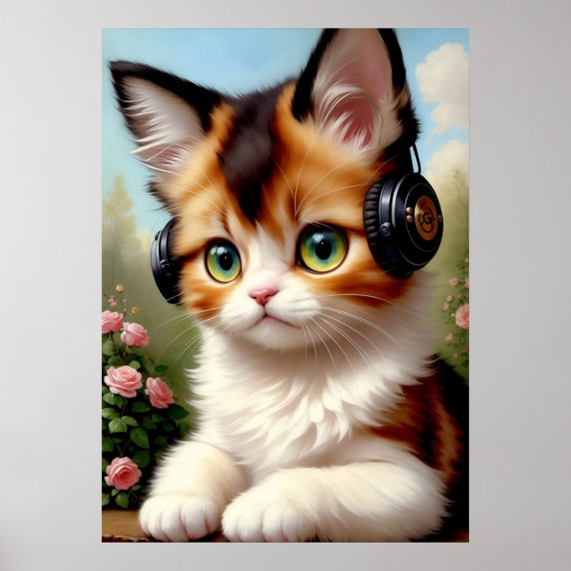Affiche Chat avec casque - Peinture Vintage. (Devant)