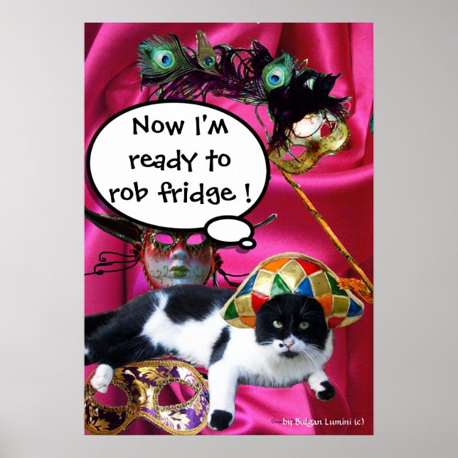 AFFICHE CHAT AVEC CASQUETTE HARLEQUIN ET MASQUERADE DE FÊT (Devant)