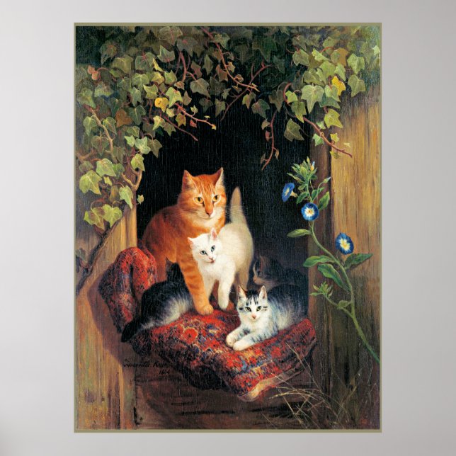 Affiche Chat avec chatons, peinture d'art, (Devant)