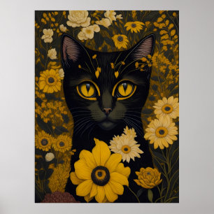 Affiche Chat avec de grands yeux devant les fleurs