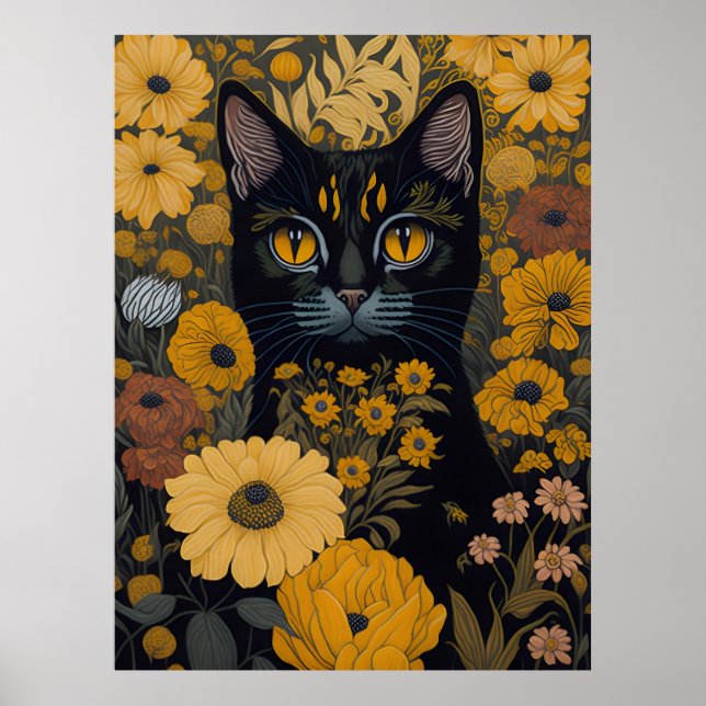 Affiche Chat avec de grands yeux devant les fleurs #2 (Devant)