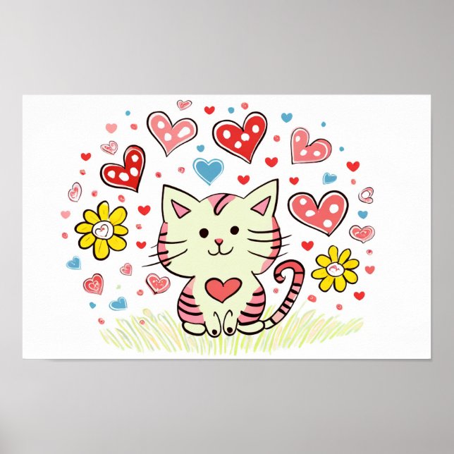 Affiche Chat avec fleurs et coeurs (Devant)