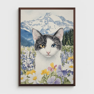 Affiche Chat avec hétérochromie dans un champ de fleurs sa