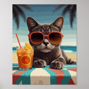 Affiche Chat avec jus d'orange sur la plage