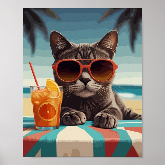 Affiche Chat avec jus d'orange sur la plage (Devant)