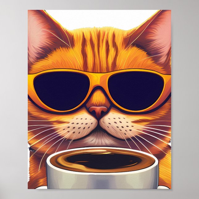 Affiche chat avec lunettes boire du café (Devant)