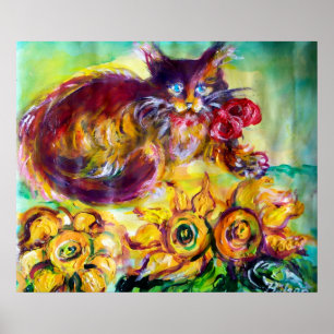 AFFICHE CHAT AVEC RUBAN ROUGE ET TOURNESOLS