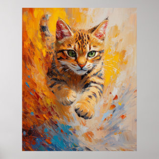 Affiche Chat Bengal, Vol Félin dans une Forêt de Feu