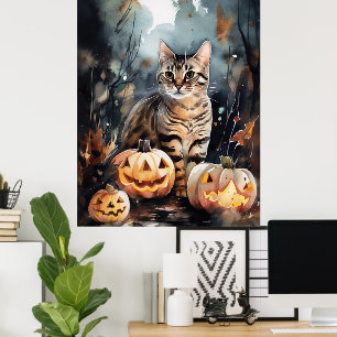 Affiche Chat Bengale D'Halloween Avec Peur Citrouille