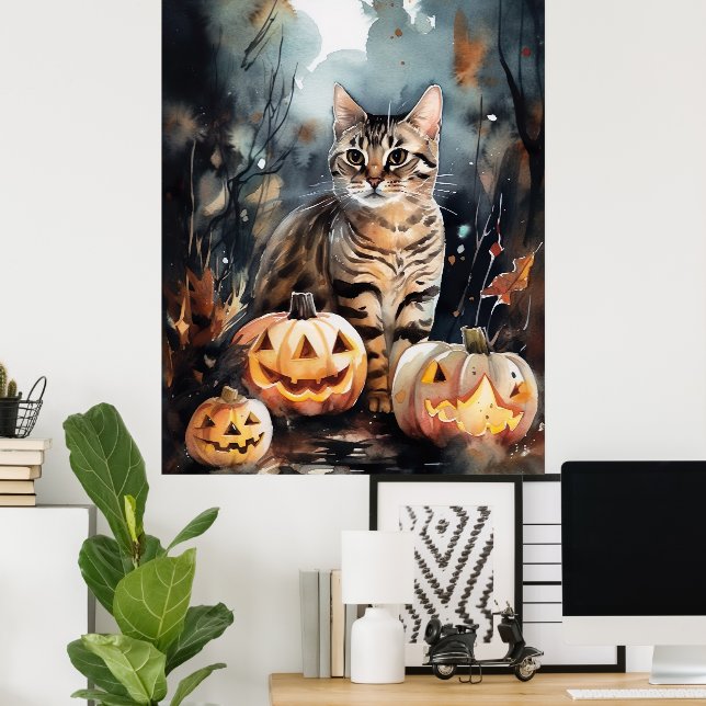 Affiche Chat Bengale D'Halloween Avec Peur Citrouille (Bureau à domicile)
