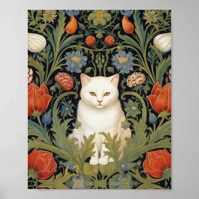 Affiche Chat blanc Art nouveau dans le jardin (Devant)
