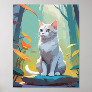 Affiche Chat blanc assis sur un rocher dans la forêt