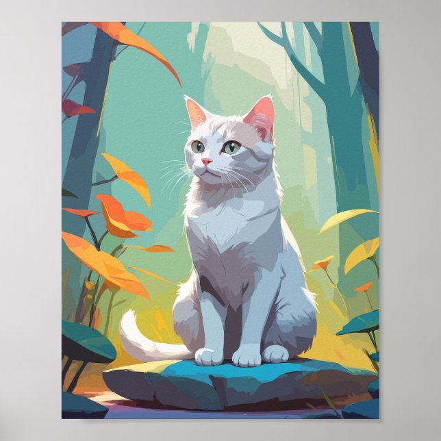 Affiche Chat blanc assis sur un rocher dans la forêt (Devant)