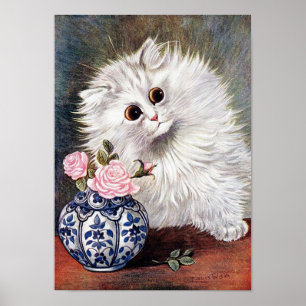 Affiche Chat blanc aux roses roses, Louis Wain