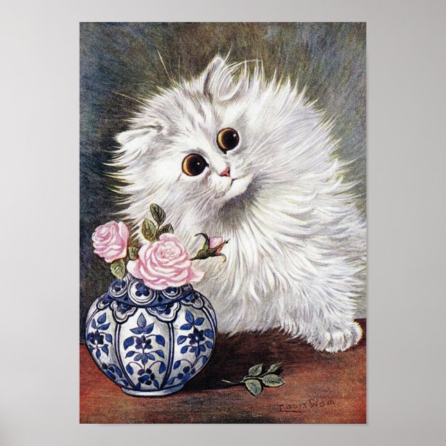 Affiche Chat blanc aux roses roses, Louis Wain (Devant)