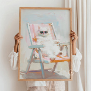 Affiche Chat blanc avec chaise de plage et lunettes de sol
