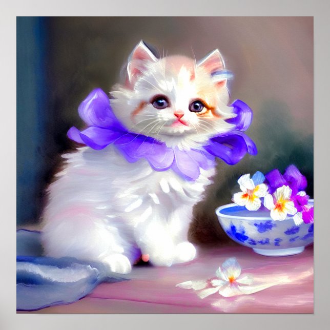 Affiche Chat blanc avec collier de fleurs violettes (Devant)