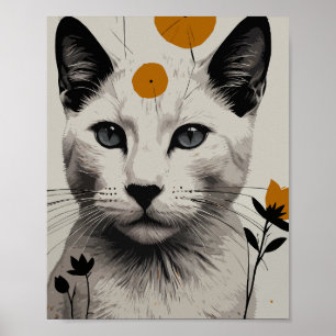 Affiche Chat blanc avec éléments floraux