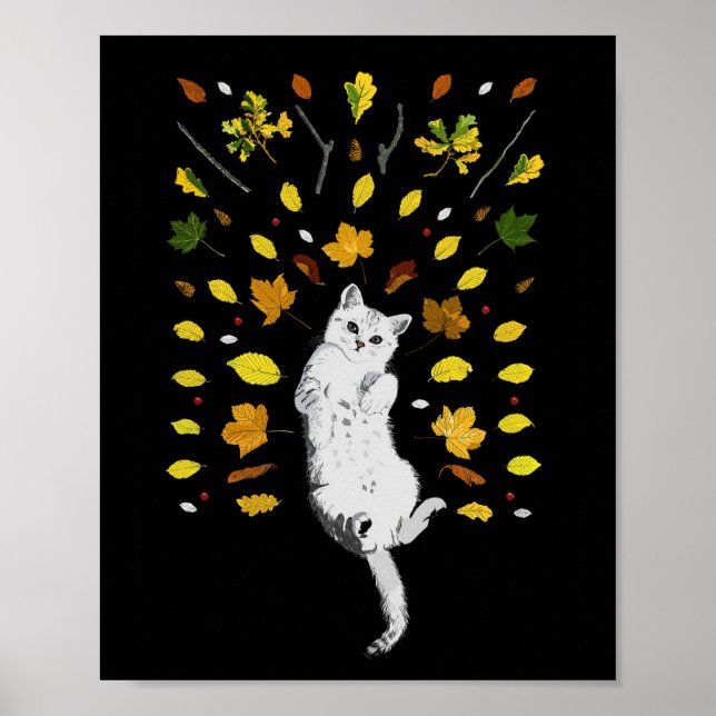 Affiche Chat blanc avec illustration des feuilles de chute (Devant)