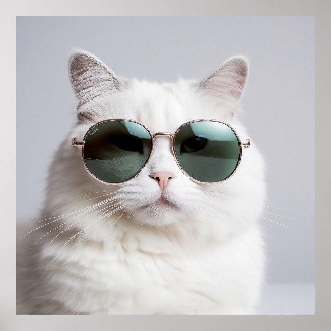 Affiche Chat blanc avec lunettes de soleil, félin cool, ch (Devant)