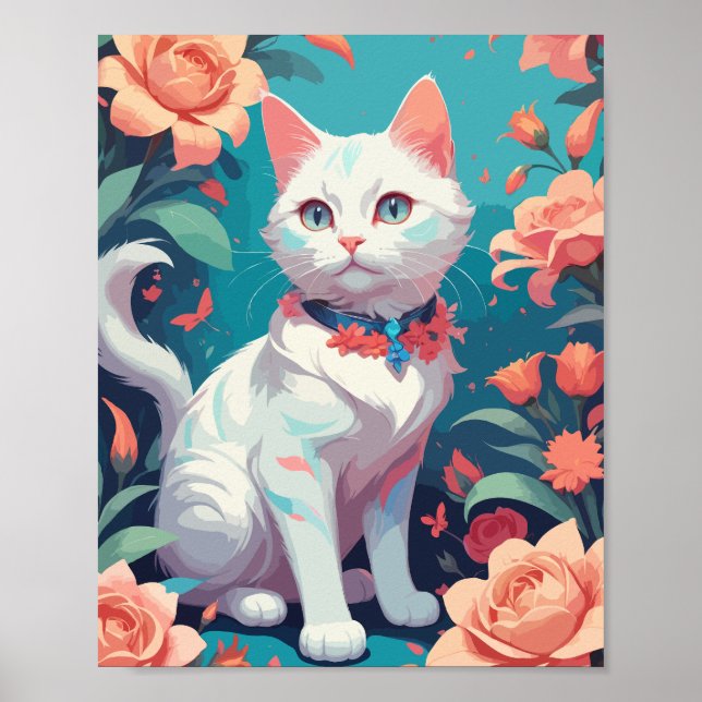 Affiche Chat blanc avec roses roses (Devant)