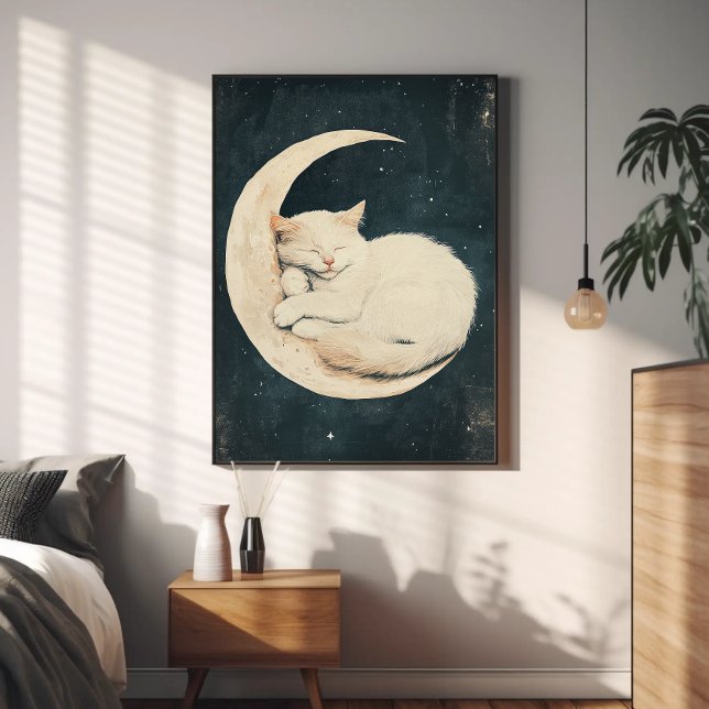 Affiche Chat blanc couché sur Crescent Moon - Dreamnight (Créateur téléchargé)