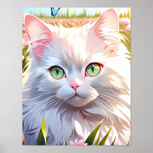 Affiche Chat blanc dans le champ de fleurs IA Art (Devant)