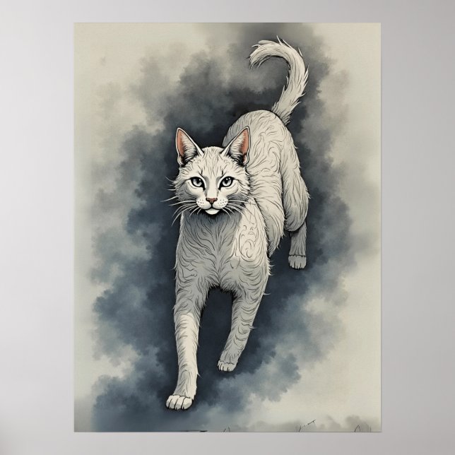 Affiche Chat blanc dans un style de dessin à l'encre chino (Devant)