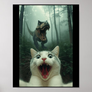 Affiche Chat blanc drôle selfie avec T-rex dinosaure, chat