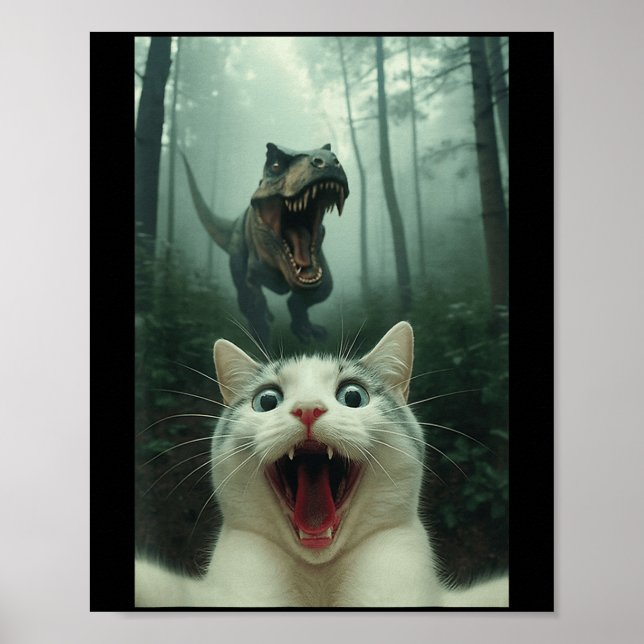 Affiche Chat blanc drôle selfie avec T-rex dinosaure, chat (Devant)