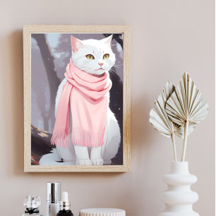 Affiche Chat blanc en tenue rose automne hiver Manga Wall