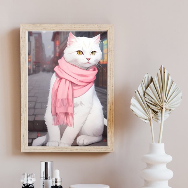 Affiche Chat blanc en tenue rose automne hiver Manga Wall  (Créateur téléchargé)