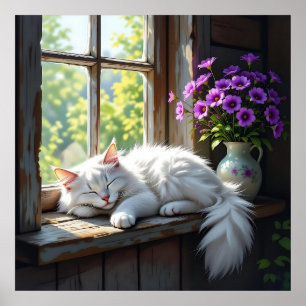 Affiche Chat blanc endormi et fleurs violettes 