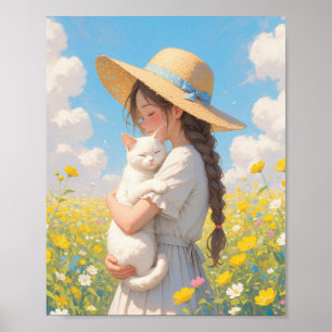 Affiche Chat Blanc et Fille Anime