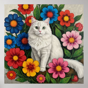 Affiche Chat Blanc Fluffy et Fleurs d'Art Populaire